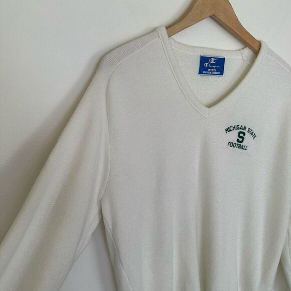 Champion Vintage 80s Unisex Michigan State Football Cream Acrylic V Neck Sweater - Picture 8 of 10